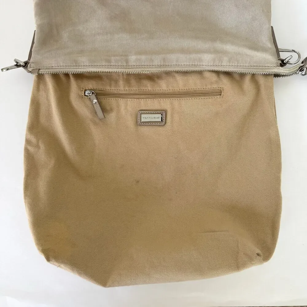 Coccinelle Textured Nylon Leather Trim Hobo Shoulder Bag Neutral Sandshell Beige